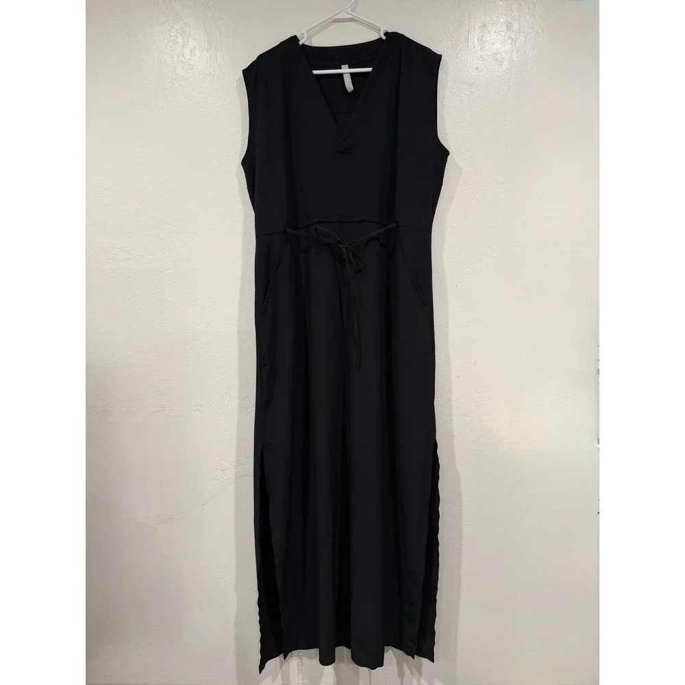 Athleta Presidio Dress Black Sleeveless V-Neck Maxi Drawstring Waist size L Tall - Picture 2 of 6